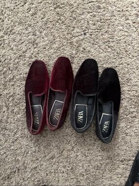 Zara Velvet Slip-On Loafers in Burgundy and Black set